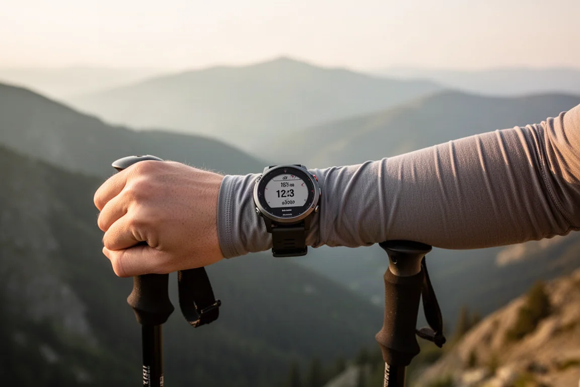 Orologio GPS dal quadrante rotondo al polso di un escursionista appoggiato a un bastone da trekking su un belvedere