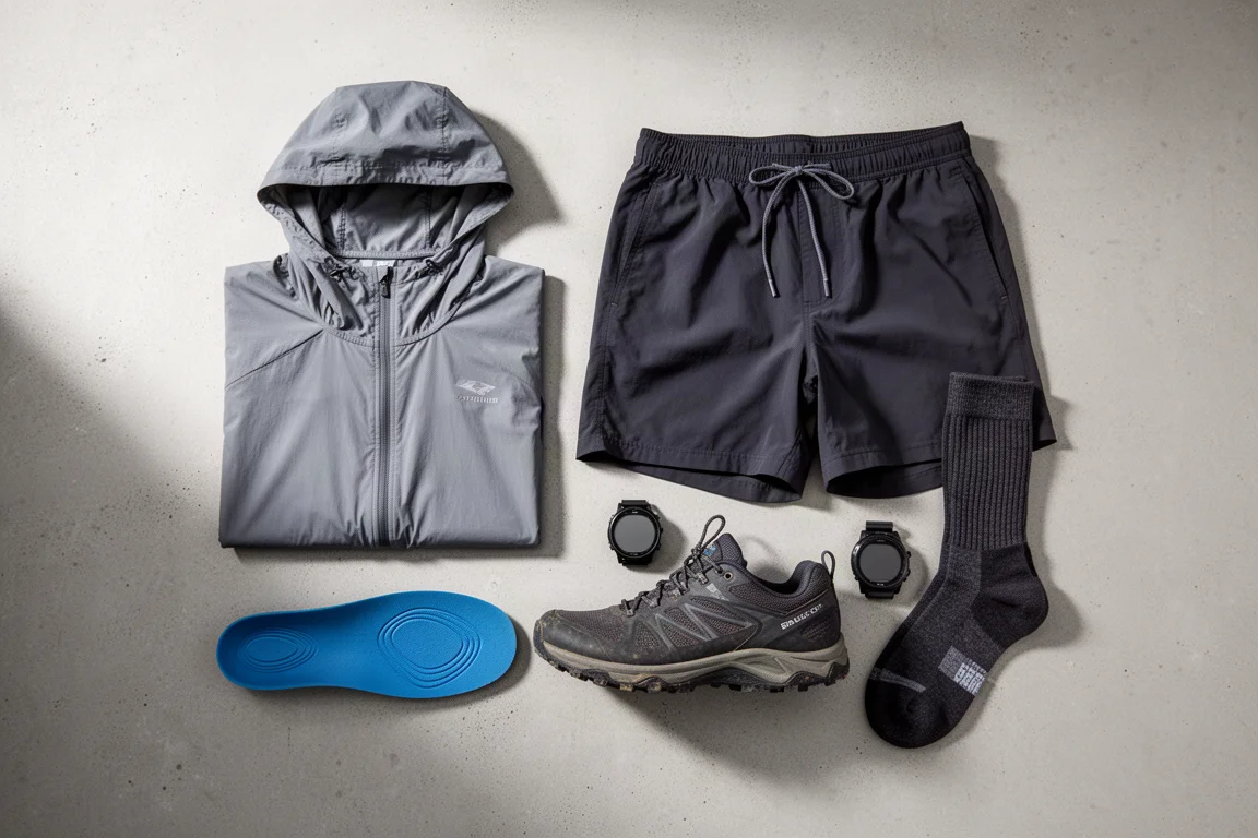 Flat-lay of hiking sun hoodie, shorts, footbeds, trail shoe, socks and GPS watch on concrete