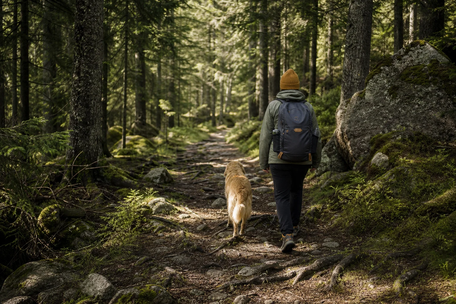 Hiker and dog walking on a forest trail with dappled sunlight