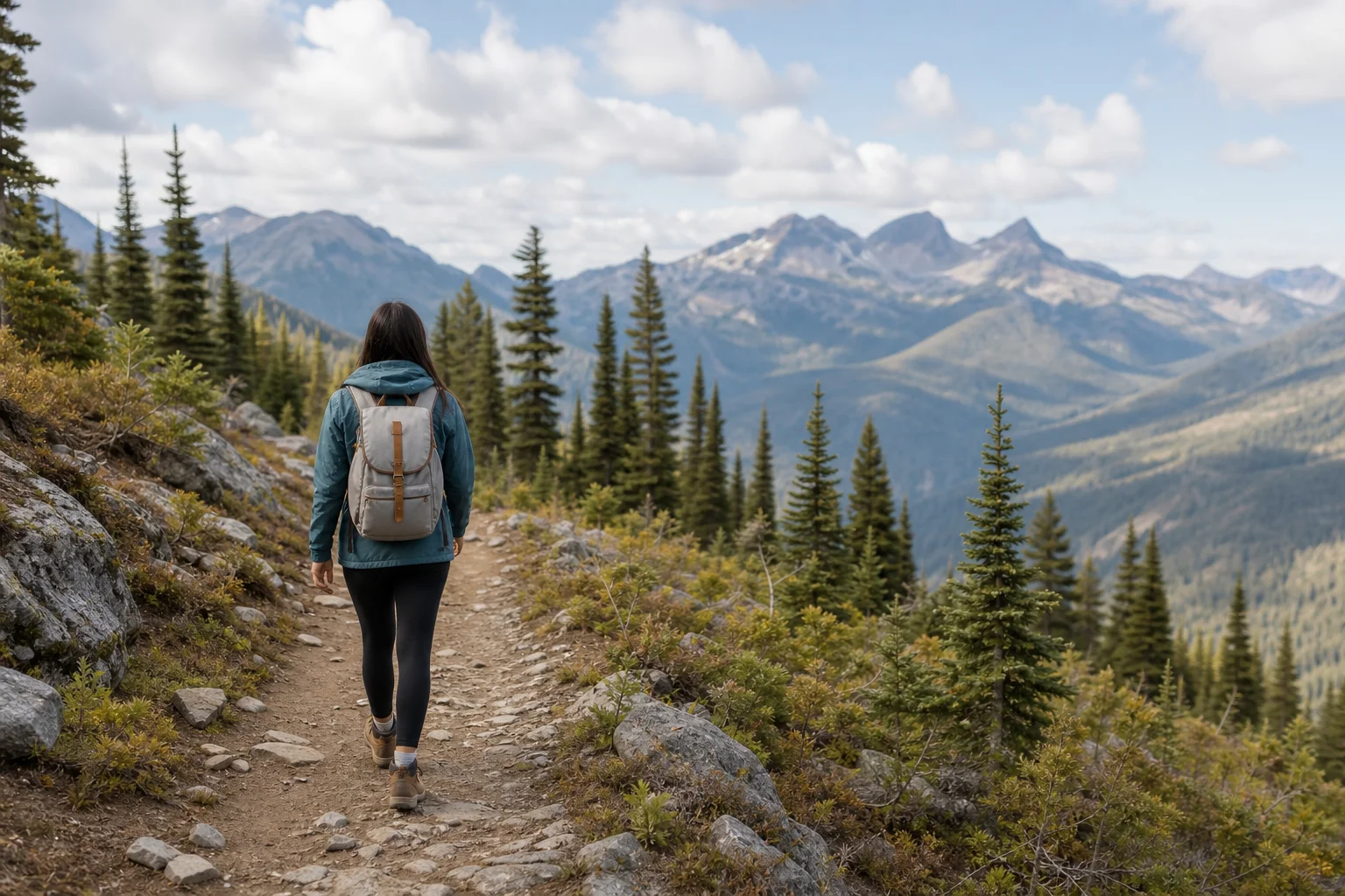 Beginner hiker with backpack on a well-marked trail in fair weather