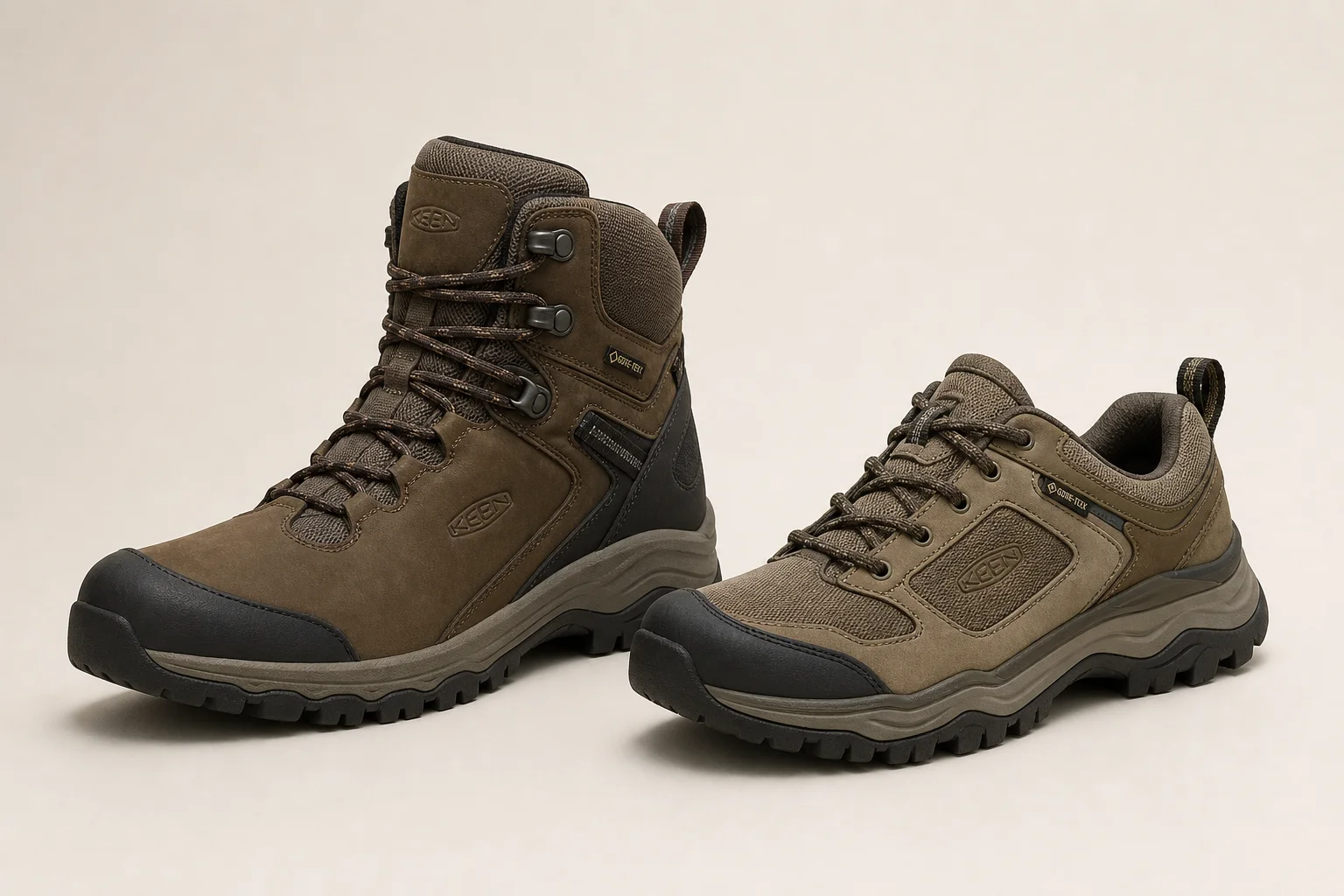 중립적인 배경 위에 나란히 놓인 La Sportiva TX Hike 부츠와 Merrell Speed Solo 슈즈