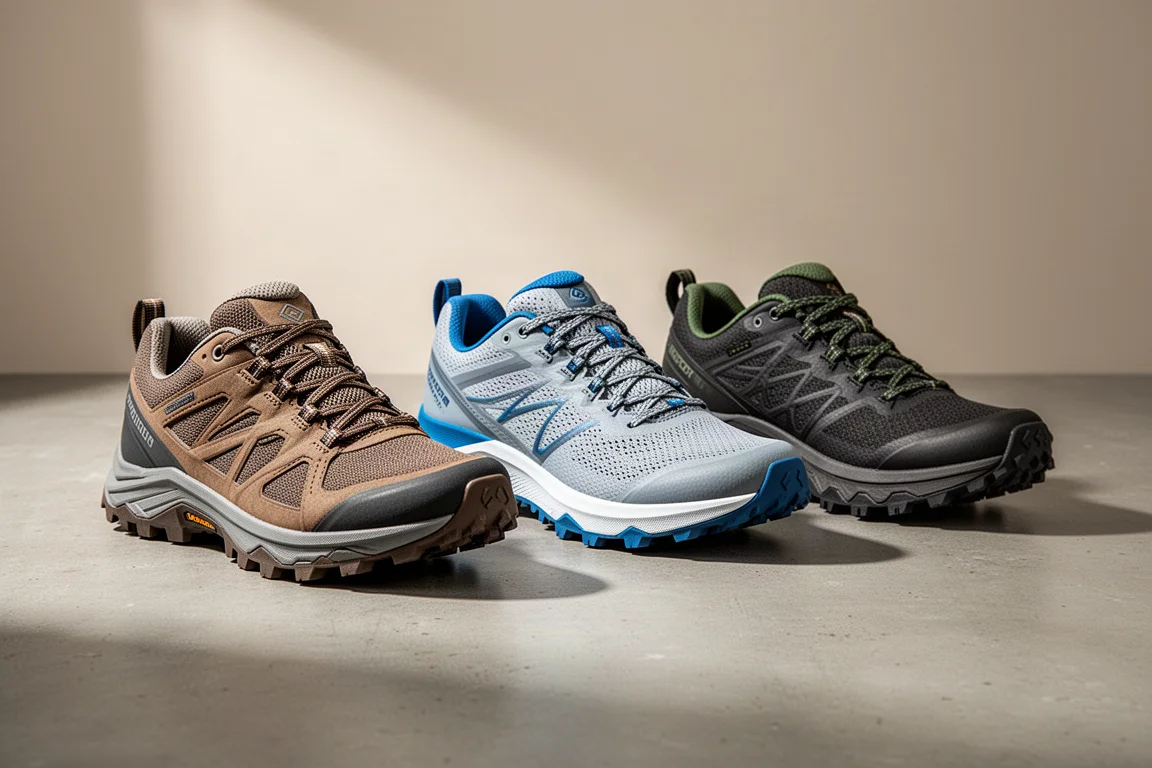 Three hiking and trail running shoes arranged in a row on a concrete surface