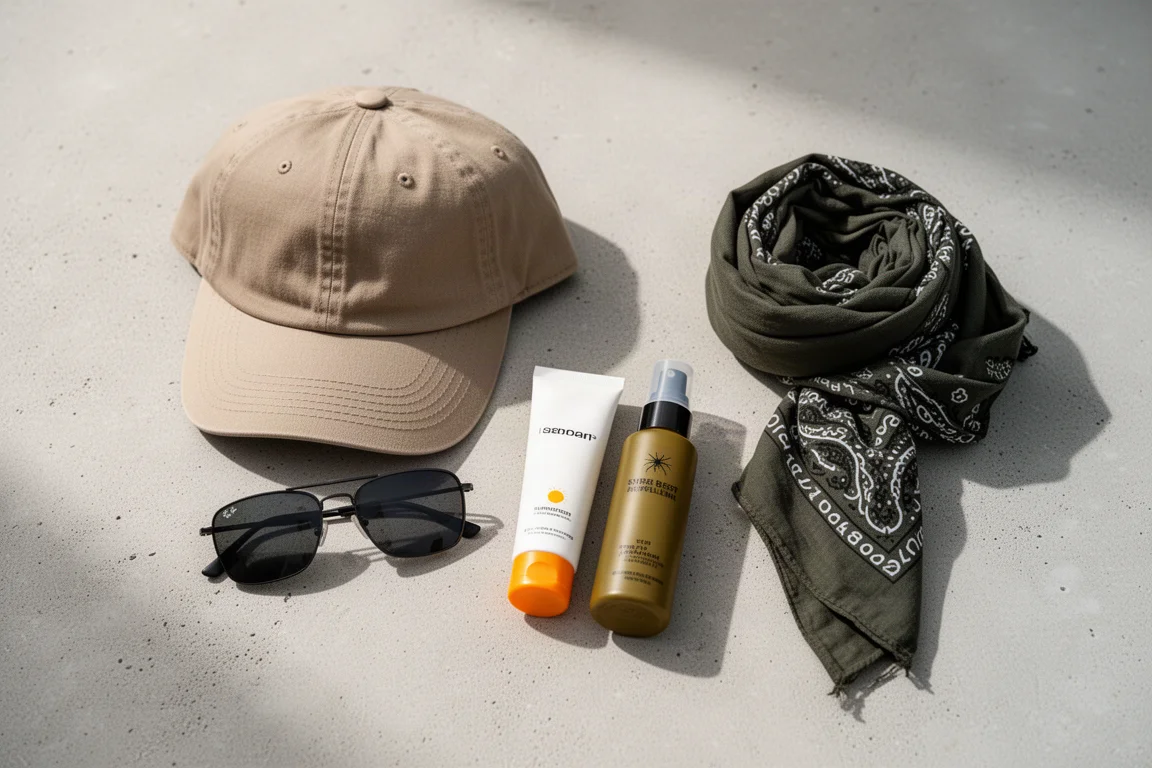 Disposizione piatta di elementi essenziali per il sentiero tra cui cappellino, occhiali da sole, crema solare e spray antizanzare