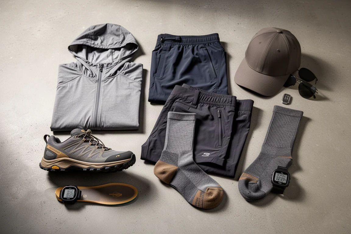 Overhead arrangement of hiking wearables including hoodie, shorts, pants, shoe, sock, insole, watch and cap