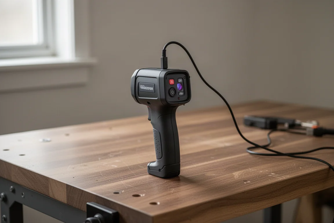 Cámara térmica cargándose vía USB-C sobre un banco de trabajo