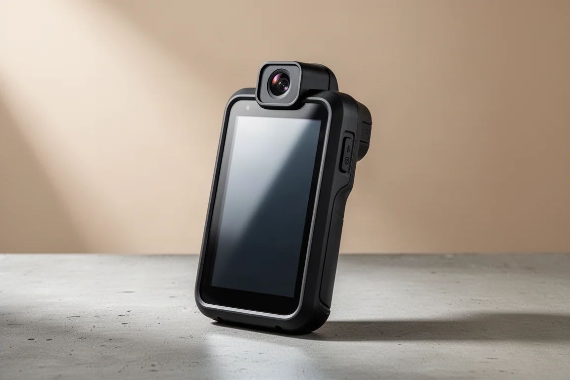 Handheld thermal imaging camera with a large screen on a concrete surface