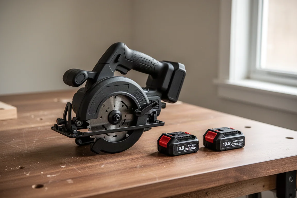 Compact cordless circular saw beside two small slide batteries on a workbench