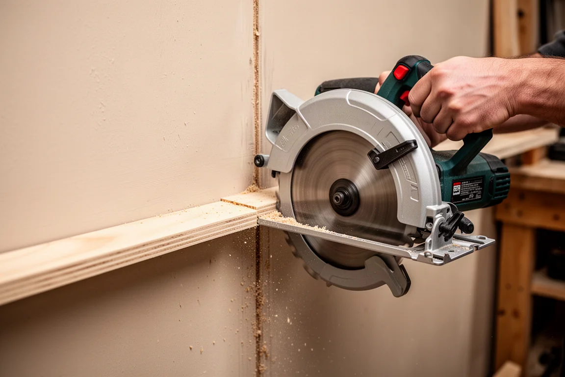Circular saw cutting a wooden shelf flush against a workshop wall