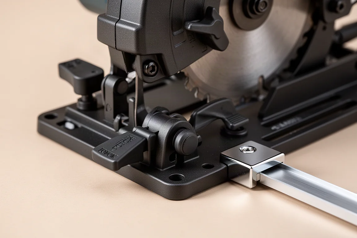 Close-up of a circular saw base plate showing depth and bevel adjustment levers