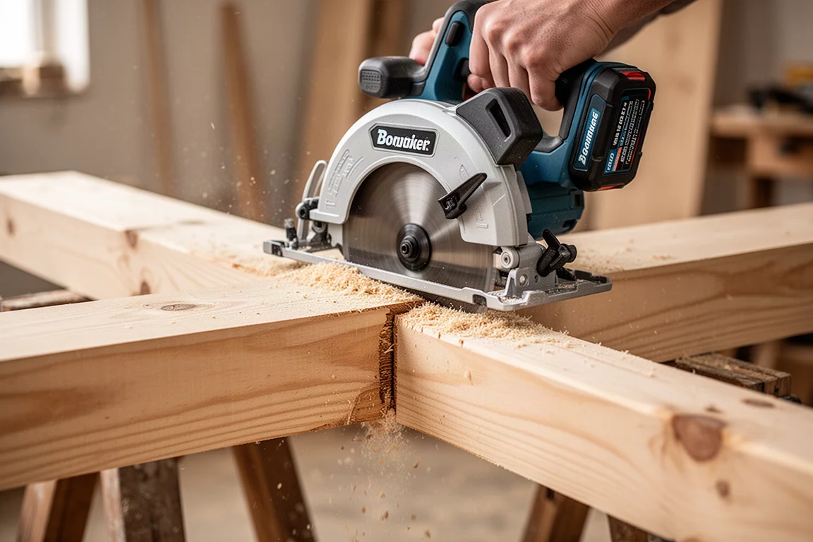 Circular saw cutting through thick framing timber in a single pass