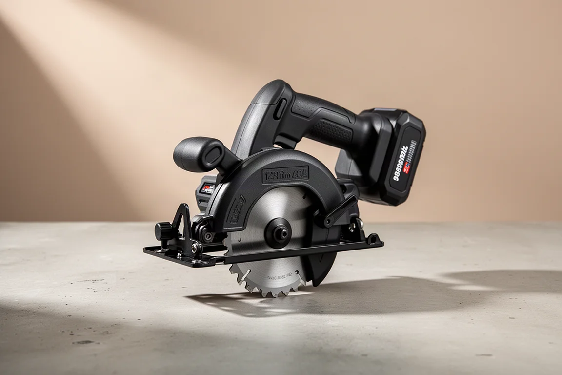 Compact matte black cordless circular saw with small battery on concrete surface