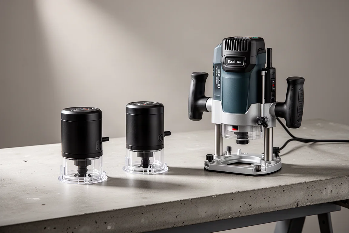 Two Hikoki trim routers and a plunge router arranged on a concrete workbench