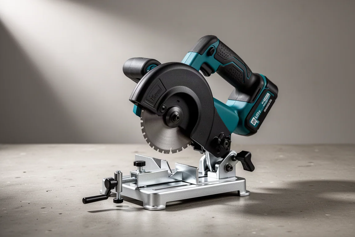 Compact cordless metal cutting chop saw mounted on a small adjustable base stand