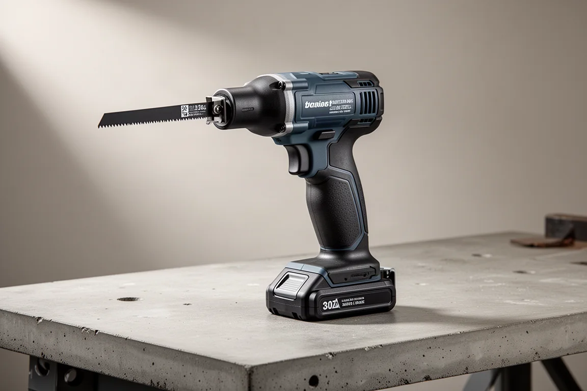 Cordless oscillating multi-tool with slim head and battery pack standing on a workbench