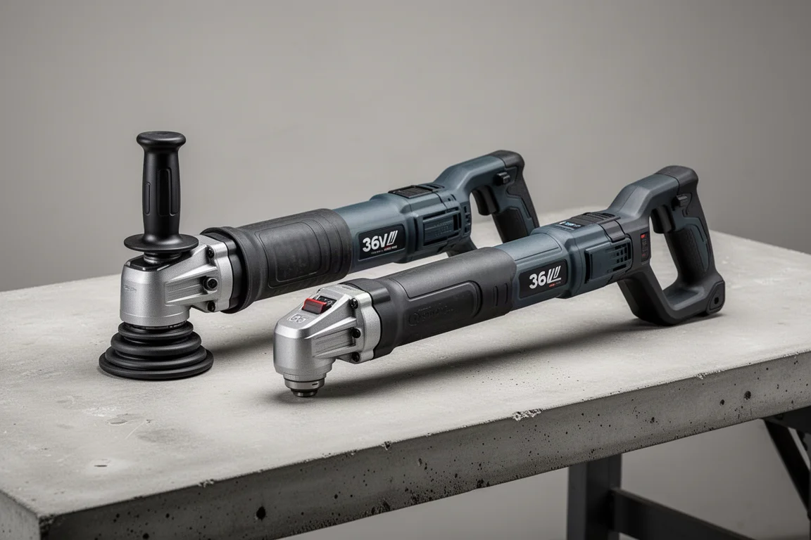 Two long-bodied 36V right angle drills side by side on a concrete workbench