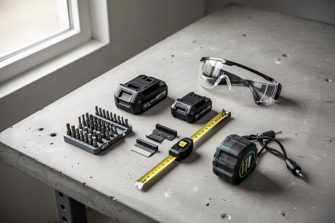 Cordless power tools arranged on a workshop bench with a battery pack