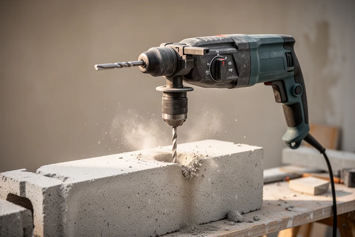 Rotary hammer drilling into concrete wall with dust visible