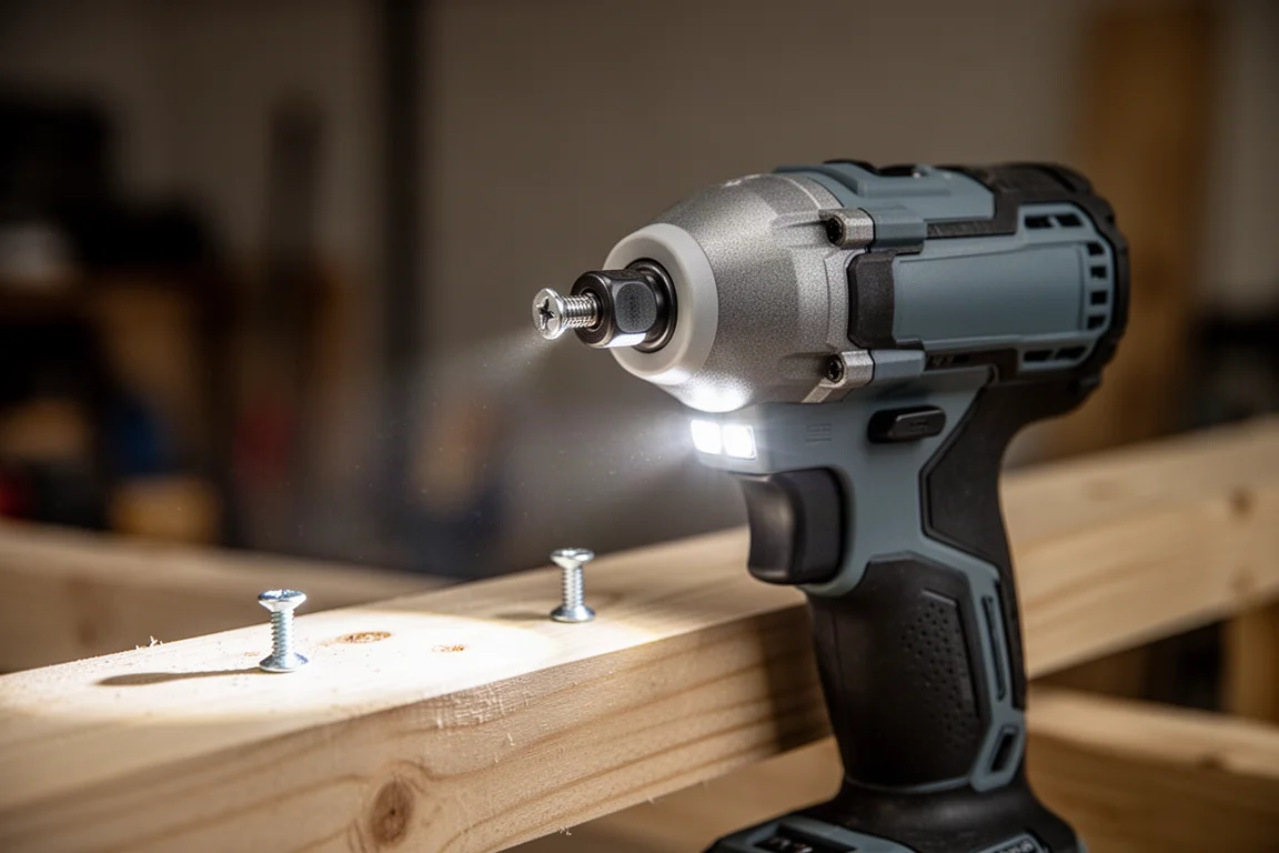 Impact driver with LED lights illuminating a fastener on timber