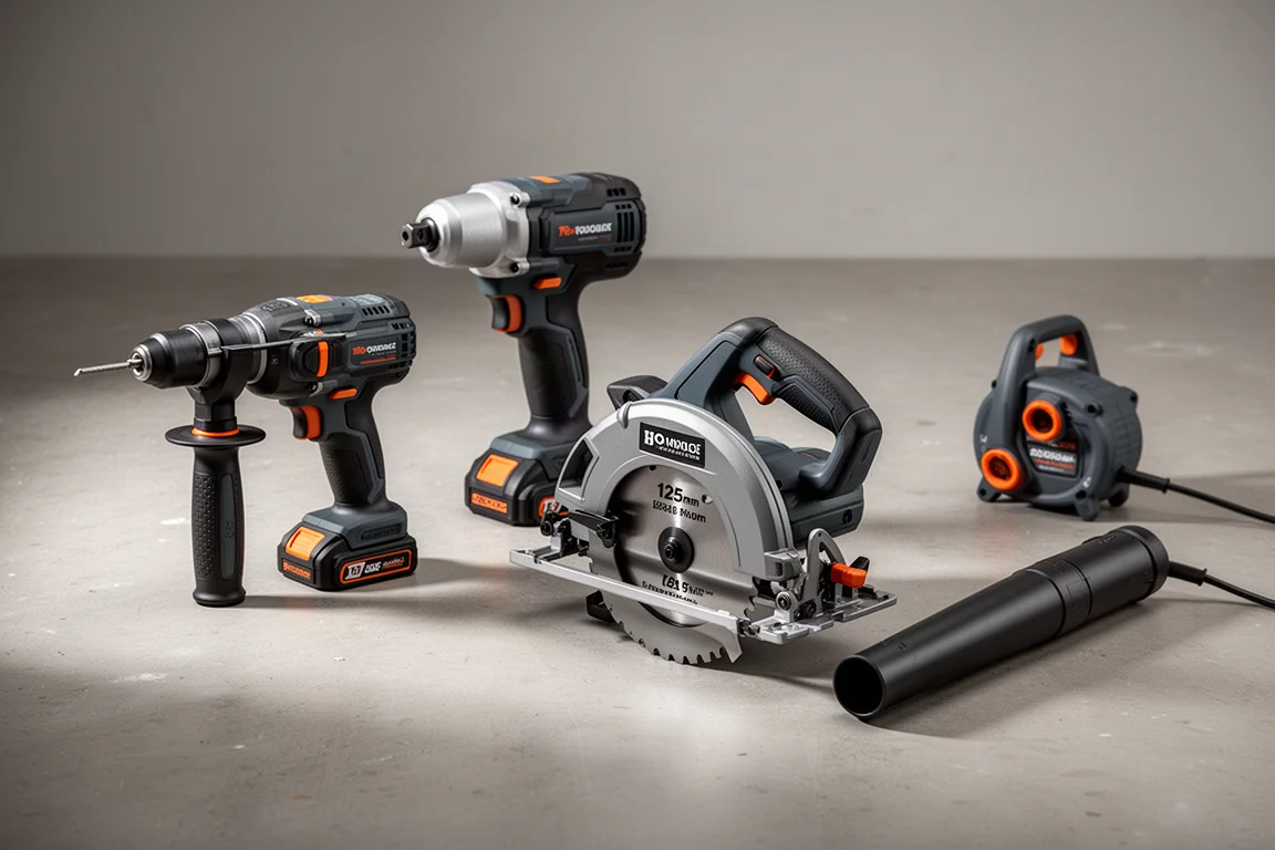 Assorted HiKOKI cordless power tools arranged on a concrete floor
