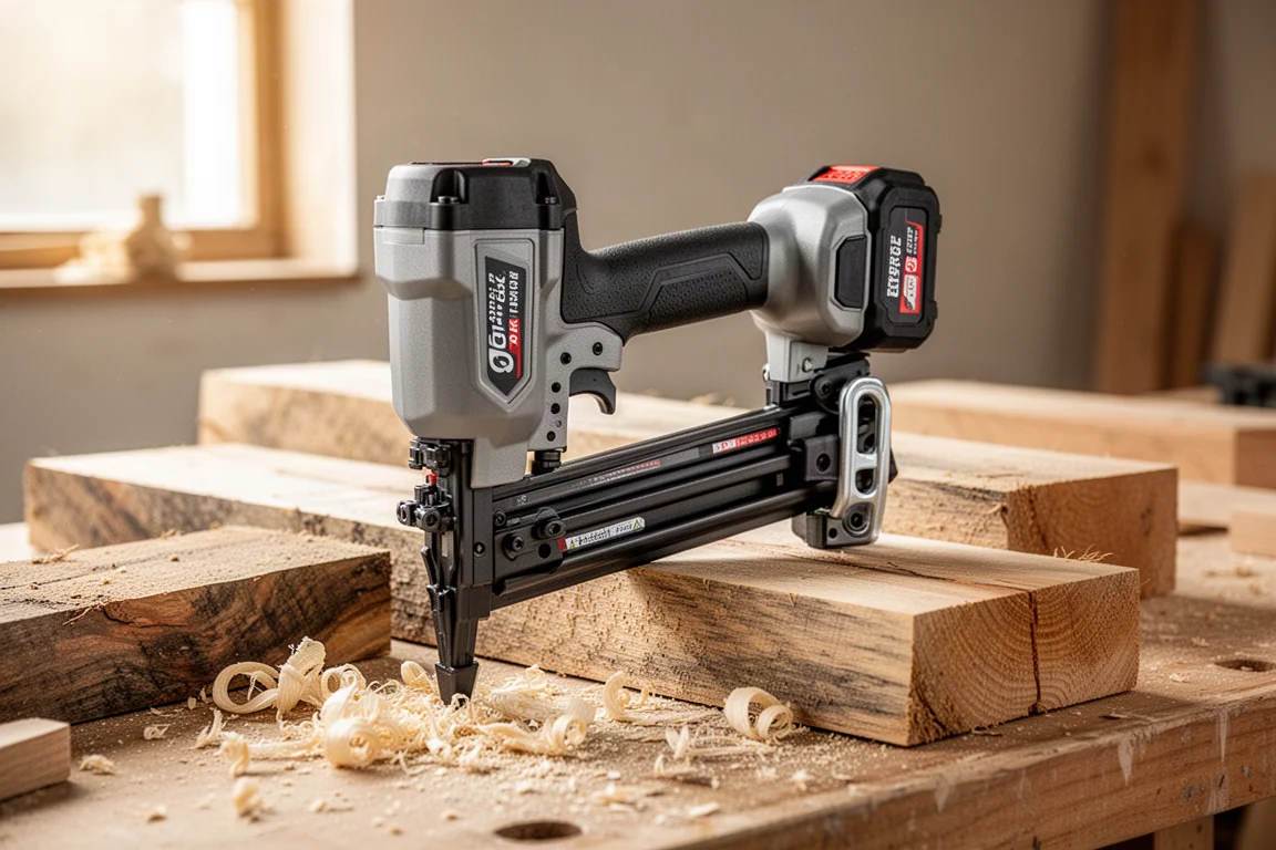 Chiodatore da carpenteria a batteria appoggiato su assi di struttura in legno in un'officina