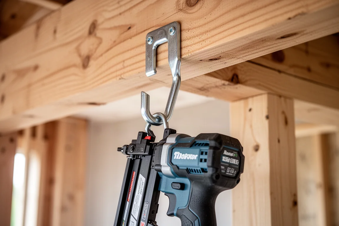 Gancio per travi di un chiodatore appeso a una trave in legno