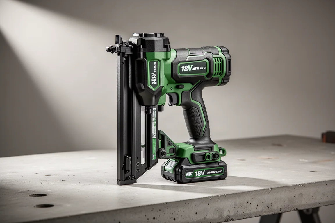 Cordless 18V framing nailer standing on a concrete workbench