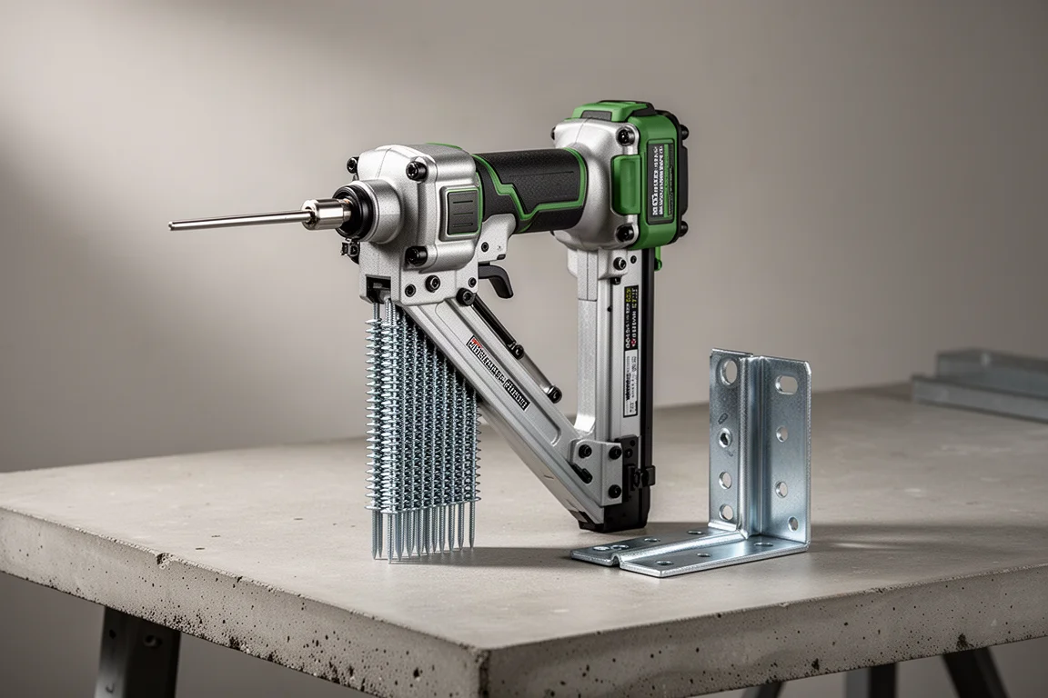 Cordless metal connector nailer on a workbench beside a steel joist hanger