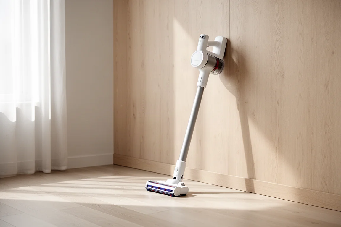 Aspirapolvere a bacchetta cordless bianco in piedi su un pavimento in legno in una stanza moderna e luminosa
