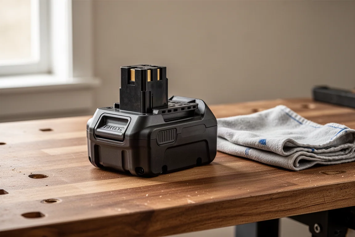 Una grande batteria per utensili elettrici cordless appoggiata su un banco da lavoro