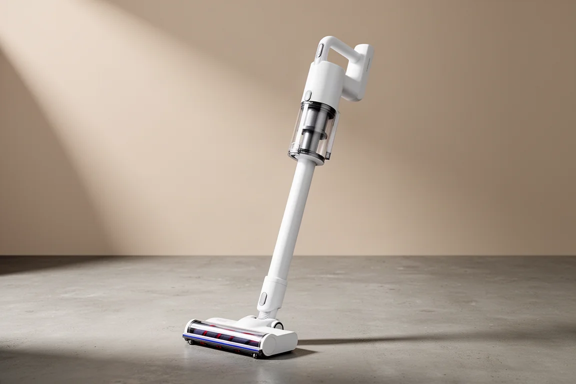 White cordless stick vacuum with slim body and low-profile floor head on concrete