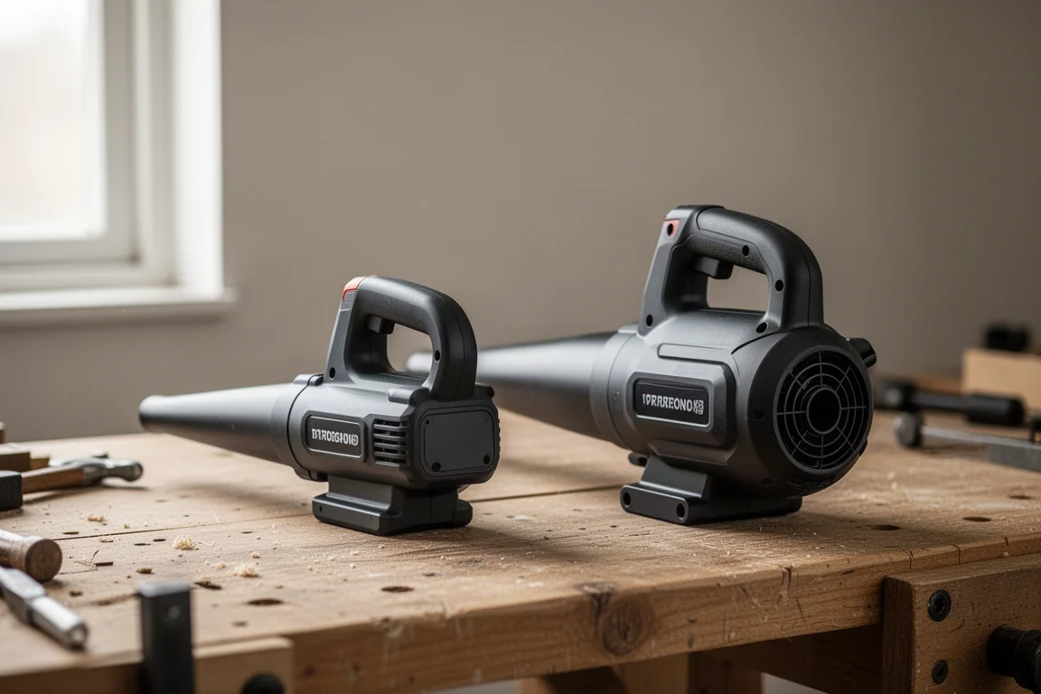 Two compact cordless blowers side by side on a workbench showing their size difference