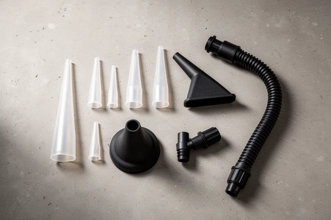 Assortment of blower nozzles and attachments laid out on a bench