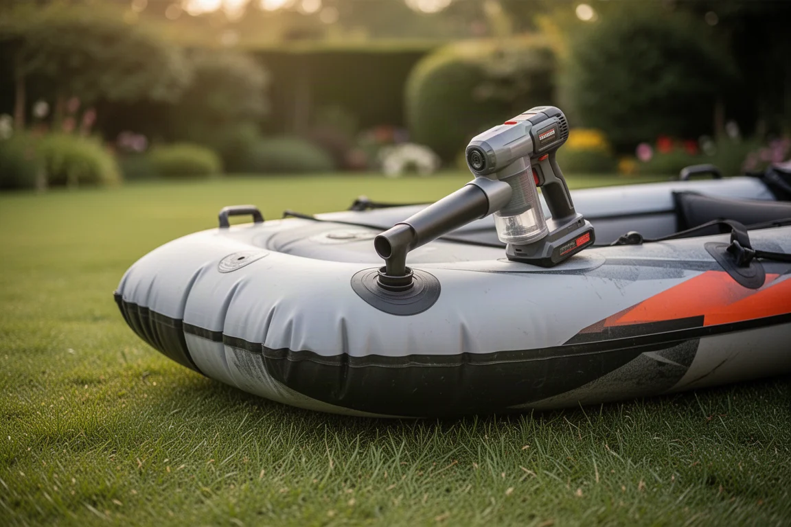 Inflatable kayak being blown up outdoors in a backyard setting