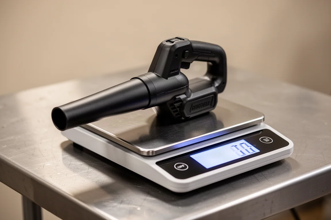Tiny blower body resting on a digital scale showing a very light weight