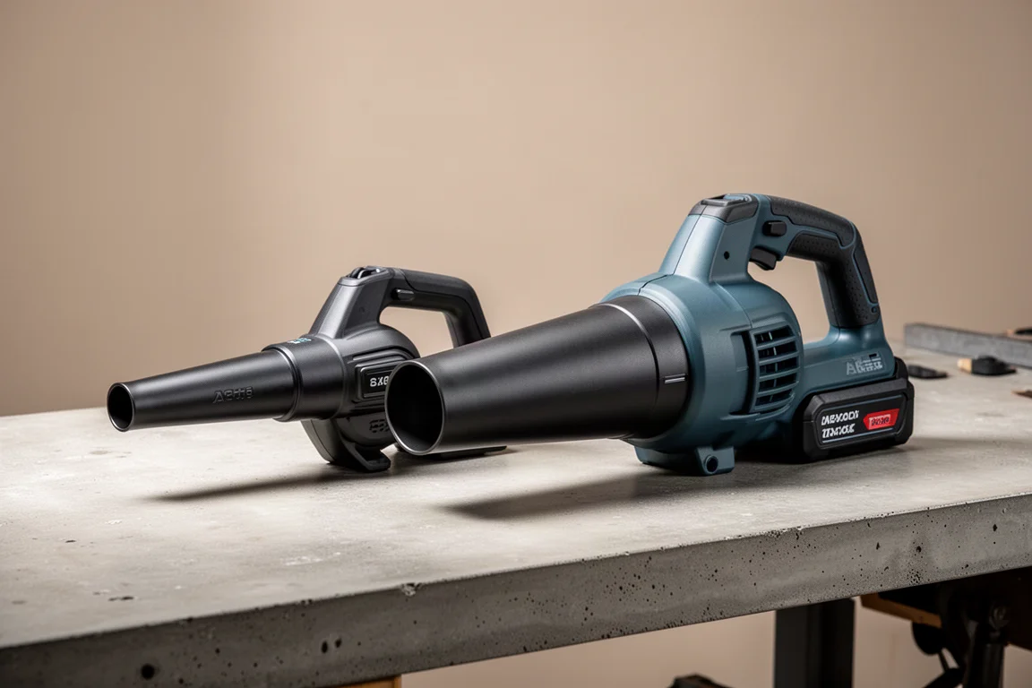 Two compact cordless blowers side by side on a concrete workshop bench
