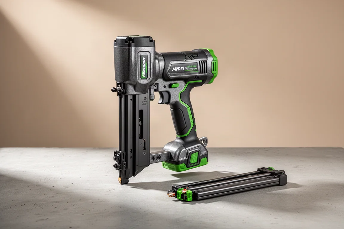 Slim cordless framing nailer standing upright with a spare magazine beside it
