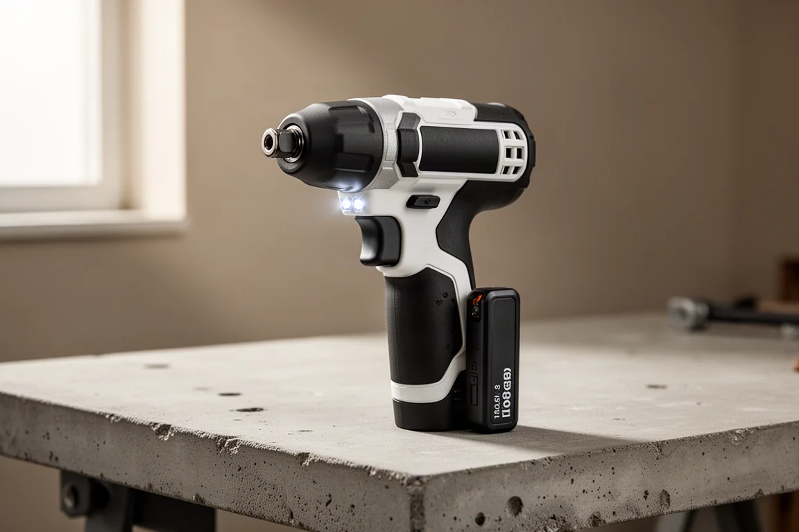 Compact 12V-class cordless impact driver with slim battery on a concrete bench