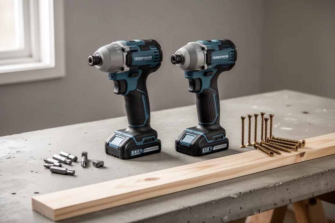 Two cordless impact drivers side by side on a workbench with screws and timber