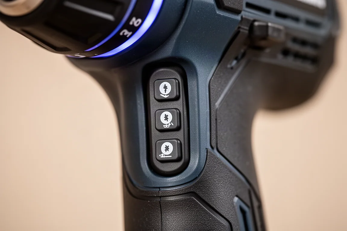 Close-up of an impact driver control panel with four screw mode icons