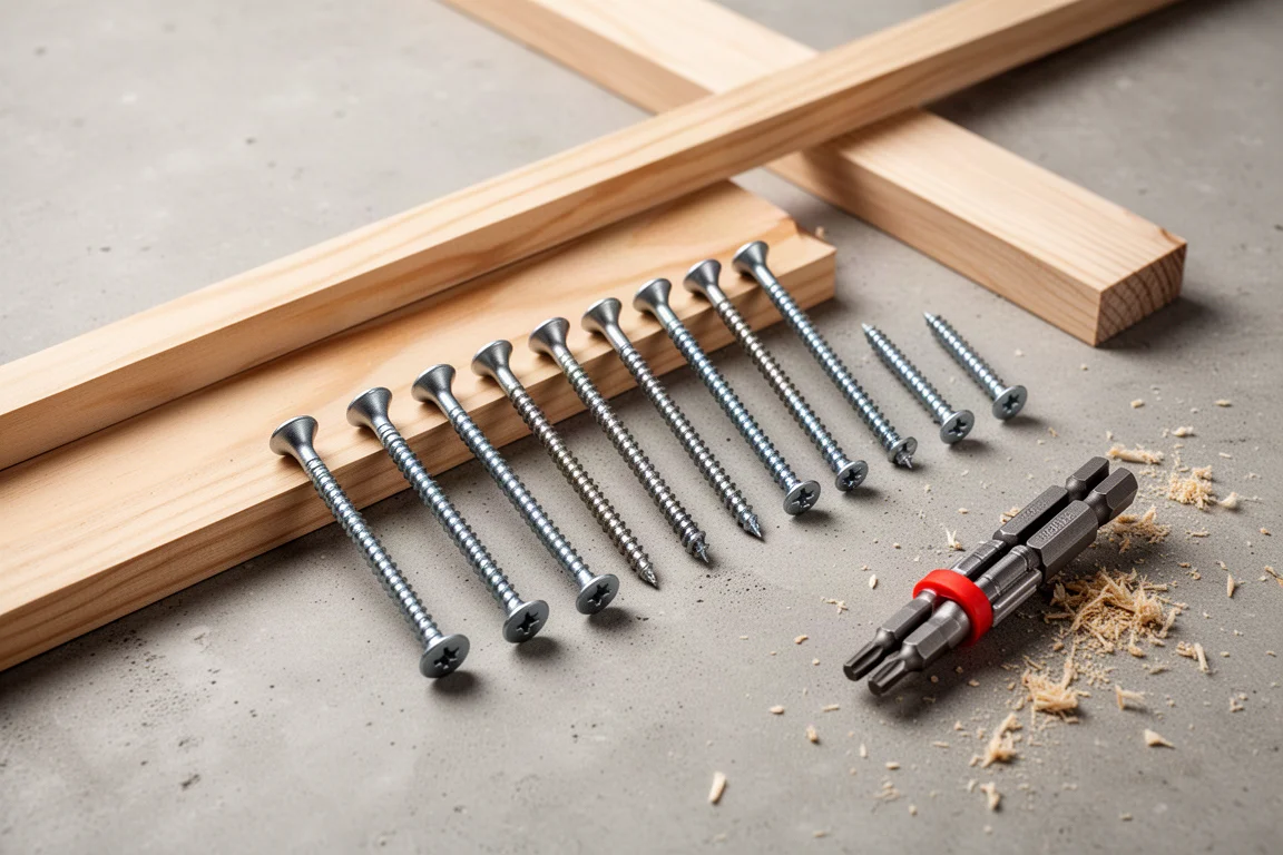 Long timber screws lined up on a workbench in increasing lengths
