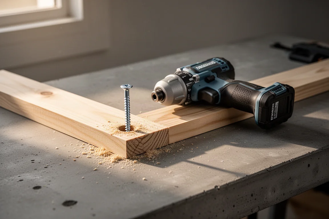 A cordless impact driver resting on a workbench beside a partially driven screw