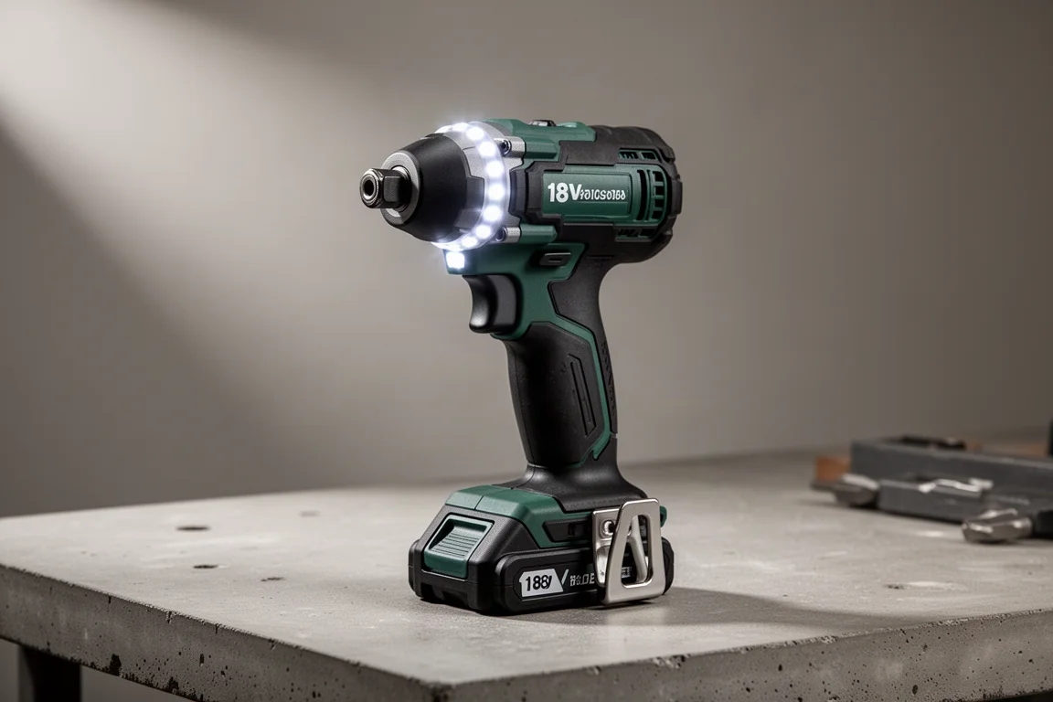Hikoki 18V hydraulic impact driver standing upright on a concrete workbench