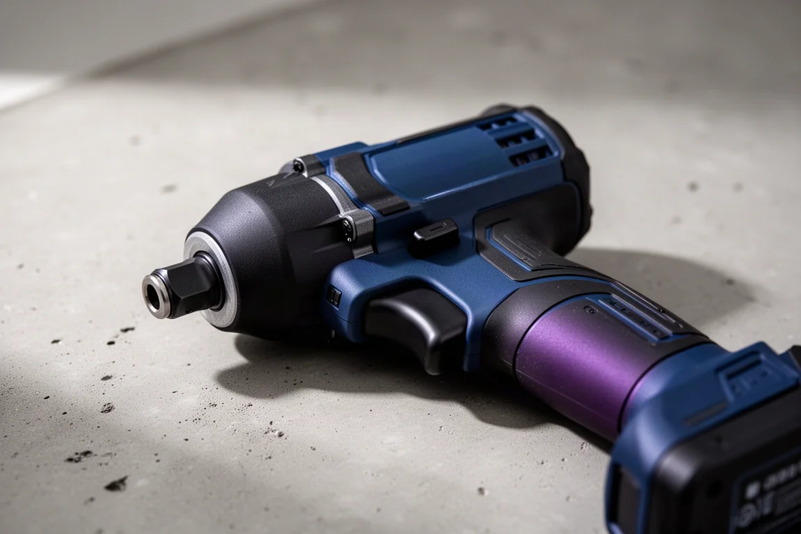 Corps de visseuse à percussion bleu profond affichant une finition bleu-violet foncé sous une lumière indirecte