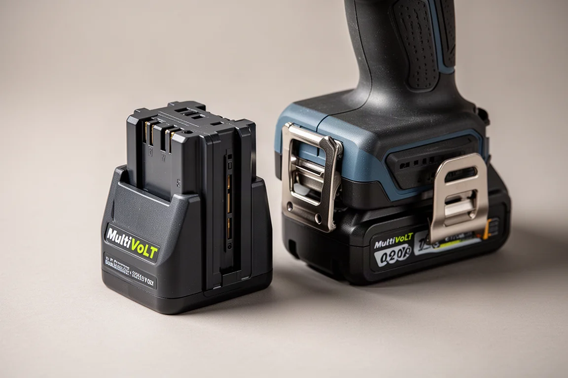Batterie Metabo HPT MultiVolt glissant dans le pied d'une visseuse à percussion