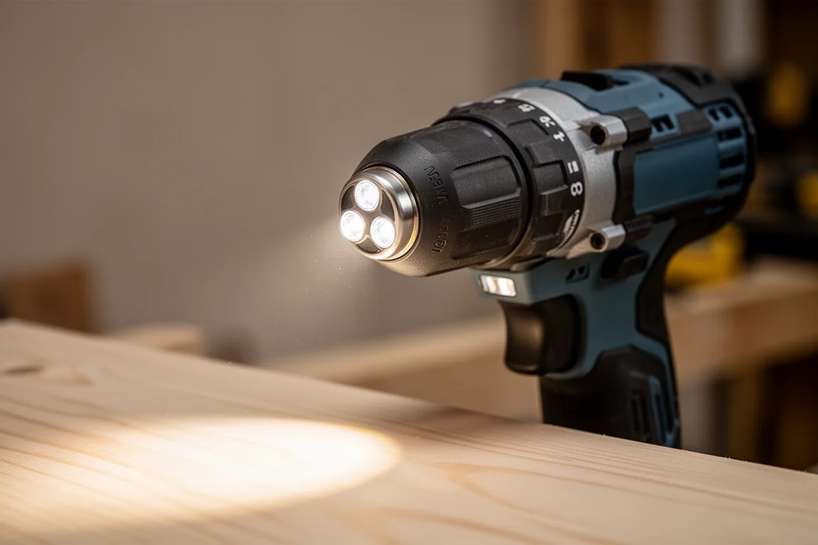 Avant d'une visseuse à percussion montrant un éclairage tri-LED illuminant le bois