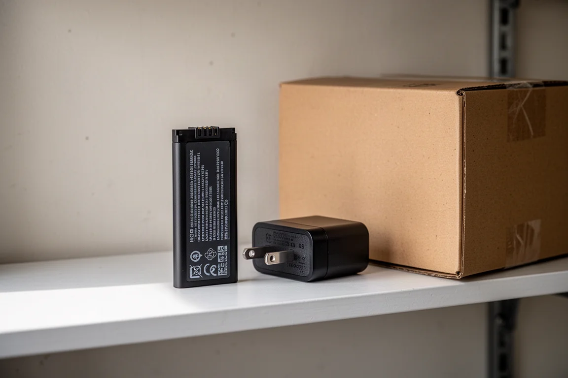 Verpakking en lader van een geïmporteerde elektro-gereedschap op een garageschap