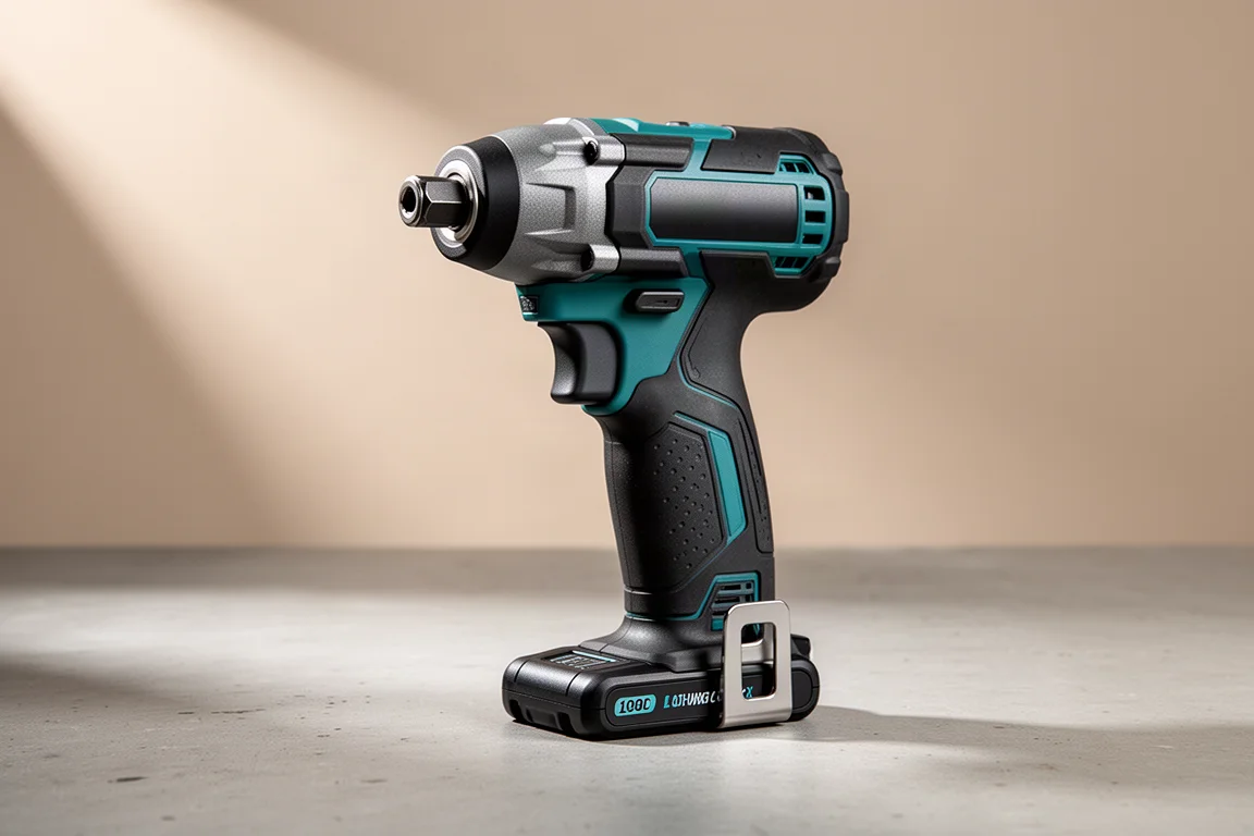 Compact cordless impact driver with battery pack on a concrete surface