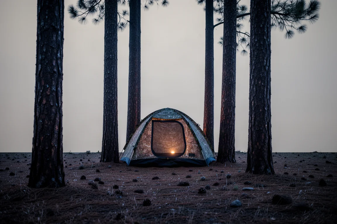 Petite tente dôme camouflage entre des troncs de pins au crépuscule, avec une faible lumière chaude à l'intérieur