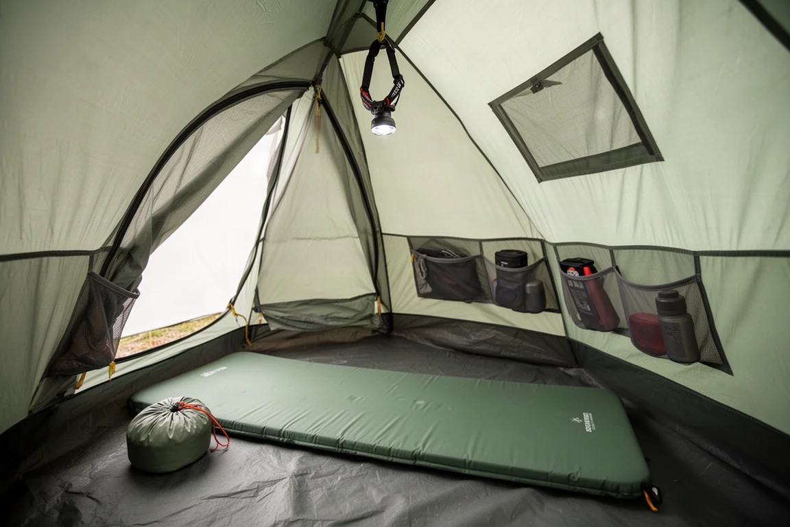 Intérieur d'une tente une place avec un large matelas de couchage, des poches à équipement et une lampe frontale suspendue