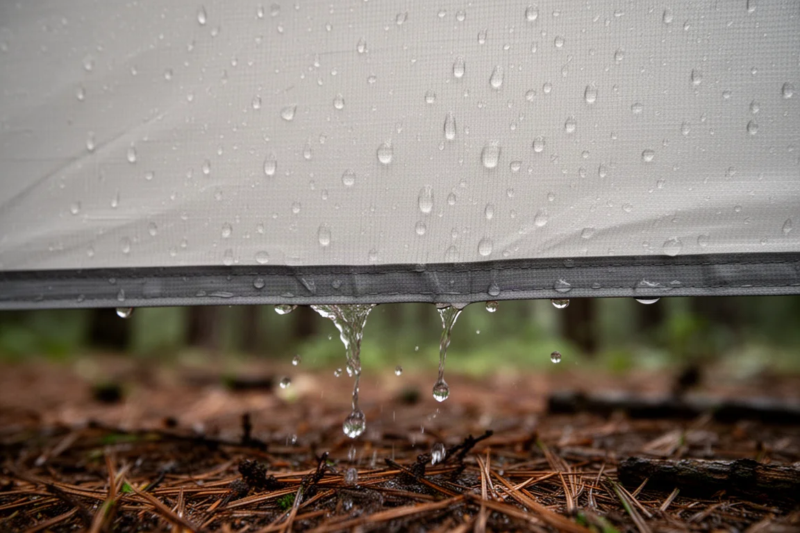 Pluie perlant sur le tissu tendu de la double-toiture enduite de silicone, au-dessus d'aiguilles de pin mouillées